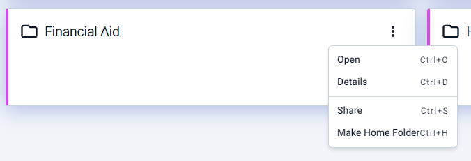 The ellipses expand to reveal options to open, view details, share, or mark your folder as Home. 